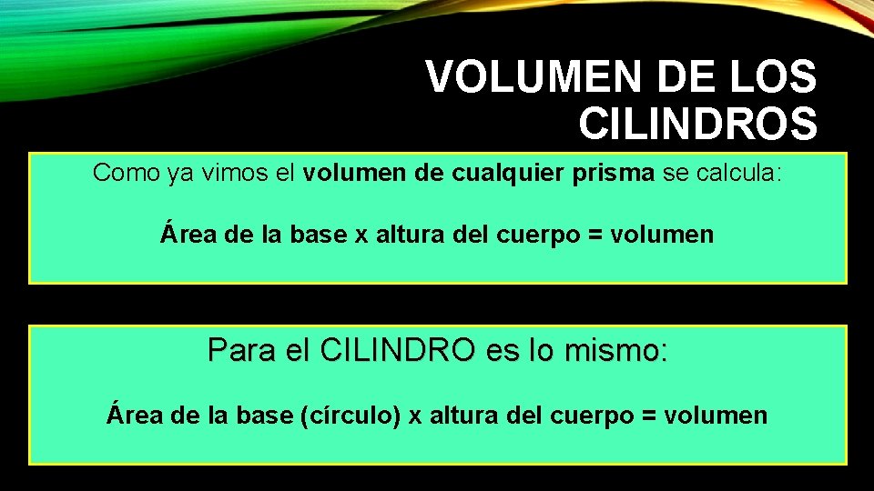 VOLUMEN DE LOS CILINDROS Como ya vimos el volumen de cualquier prisma se calcula: VOLUMEN DE LOS CILINDROS Como ya vimos el volumen de cualquier prisma se calcula: