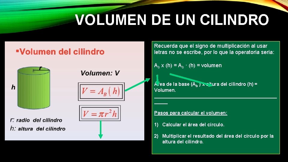 VOLUMEN DE UN CILINDRO Recuerda que el signo de multiplicación al usar letras no VOLUMEN DE UN CILINDRO Recuerda que el signo de multiplicación al usar letras no