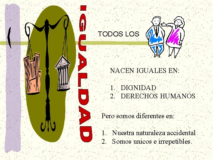 TODOS LOS NACEN IGUALES EN: 1. DIGNIDAD 2. DERECHOS HUMANOS Pero somos diferentes en: TODOS LOS NACEN IGUALES EN: 1. DIGNIDAD 2. DERECHOS HUMANOS Pero somos diferentes en: