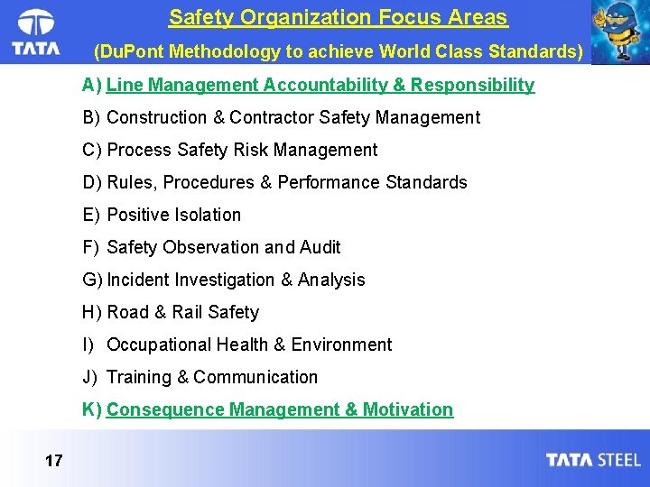 Safety Organization Focus Areas (Du. Pont Methodology to achieve World Class Standards) A) Line