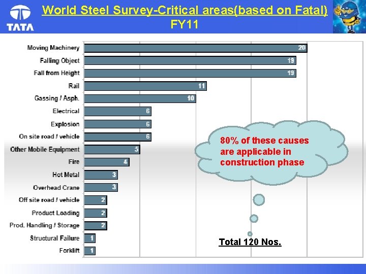 World Steel Survey-Critical areas(based on Fatal) FY 11 80% of these causes are applicable