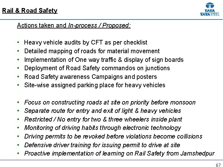 Rail & Road Safety Actions taken and In-process / Proposed: • • • Heavy