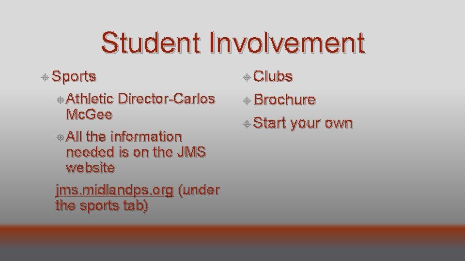 Student Involvement Sports Athletic Director-Carlos Mc. Gee All the information needed is on the
