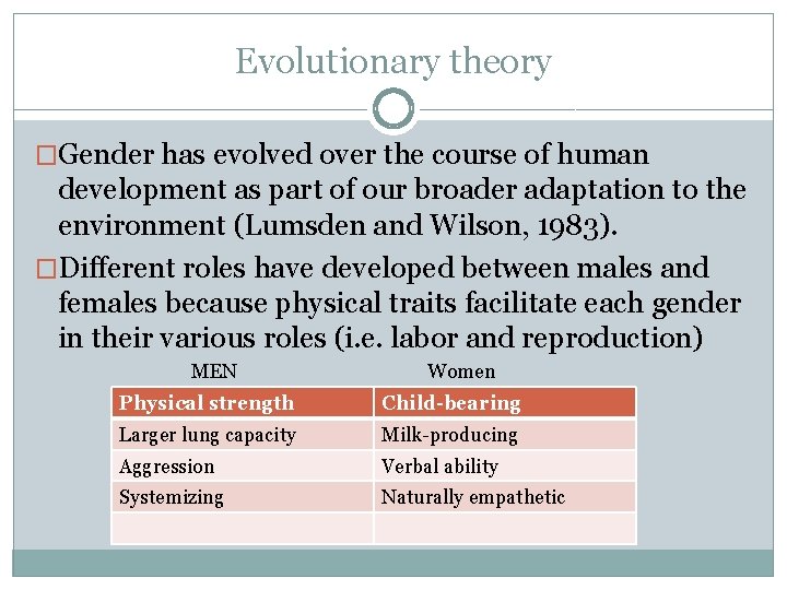 Evolutionary theory �Gender has evolved over the course of human development as part of