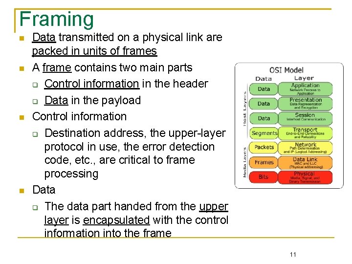 Framing Data transmitted on a physical link are packed in units of frames A