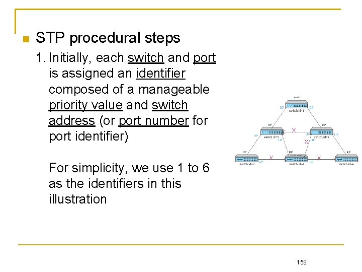  STP procedural steps 1. Initially, each switch and port is assigned an identifier
