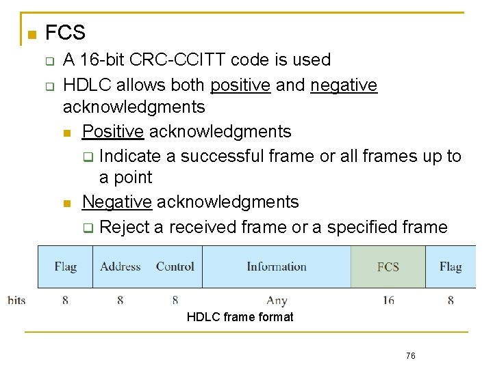  FCS A 16 -bit CRC-CCITT code is used HDLC allows both positive and