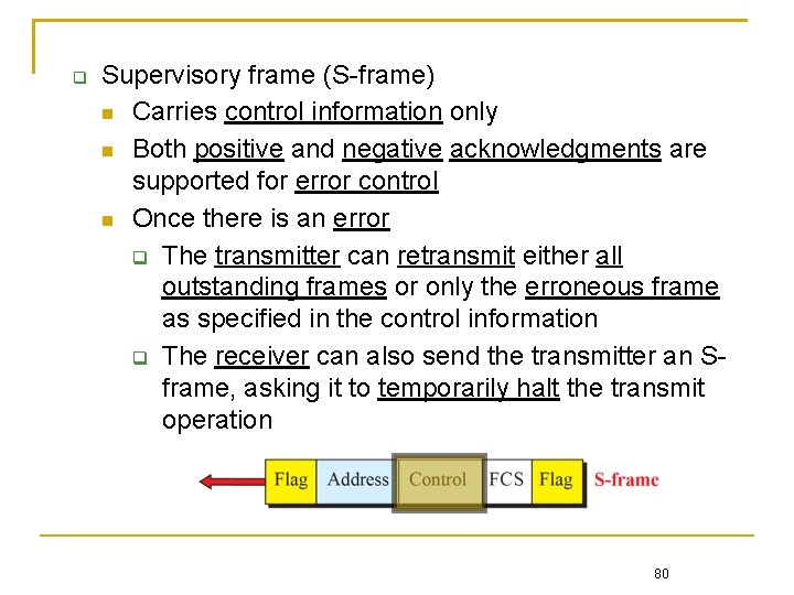  Supervisory frame (S-frame) Carries control information only Both positive and negative acknowledgments are
