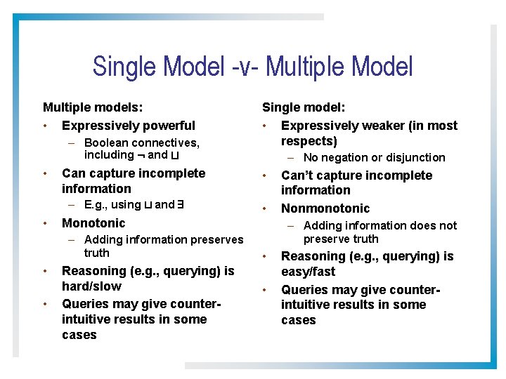 Single Model -v- Multiple Model Multiple models: • Expressively powerful – Boolean connectives, including