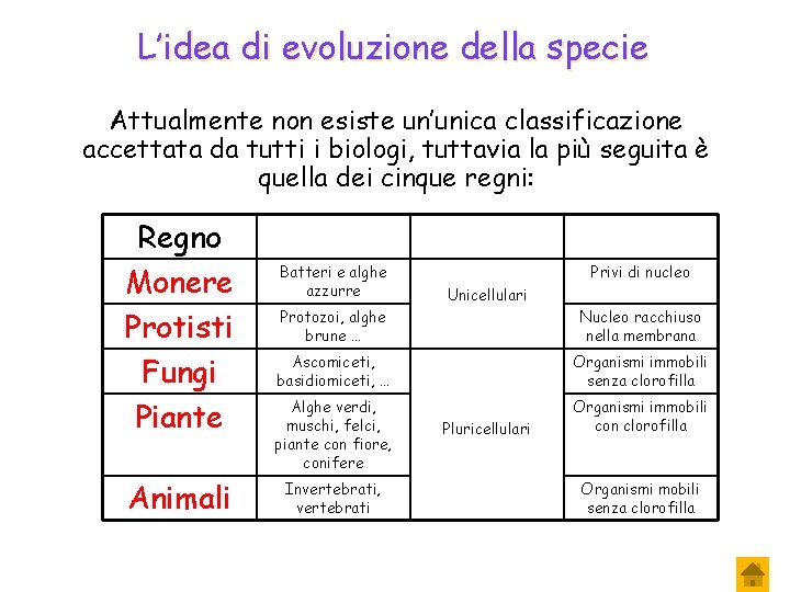 L’idea di evoluzione della specie Attualmente non esiste un’unica classificazione accettata da tutti i