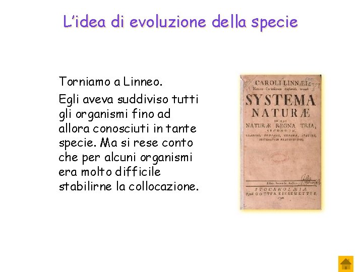 L’idea di evoluzione della specie Torniamo a Linneo. Egli aveva suddiviso tutti gli organismi