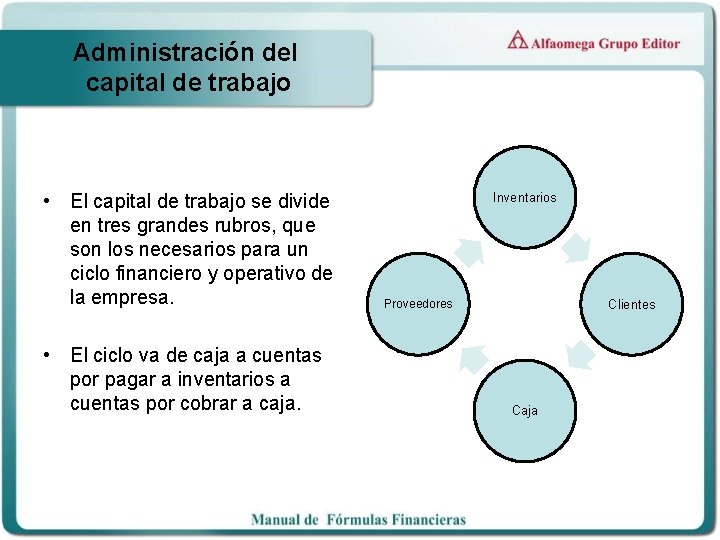 Administración del capital de trabajo • El capital de trabajo se divide en tres