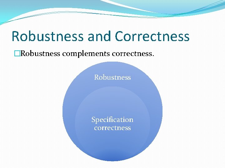 Robustness and Correctness �Robustness complements correctness. Robustness Specification correctness 