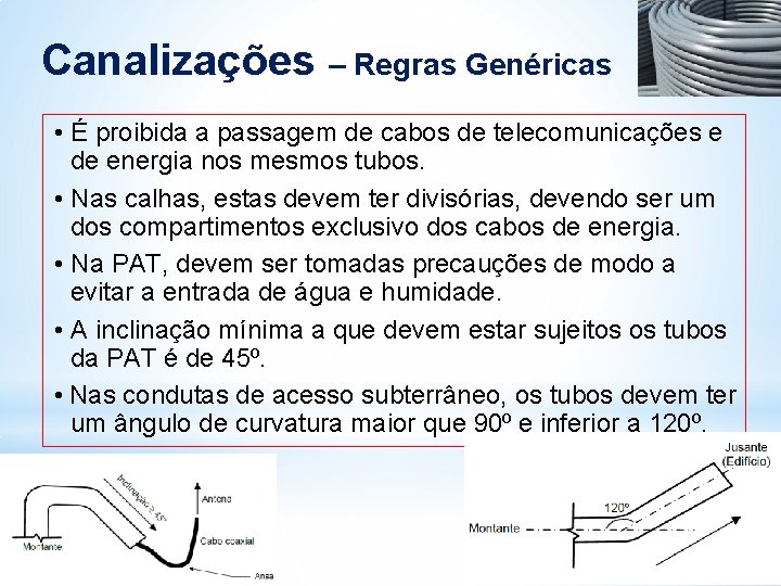 Canalizações – Regras Genéricas • É proibida a passagem de cabos de telecomunicações e Canalizações – Regras Genéricas • É proibida a passagem de cabos de telecomunicações e