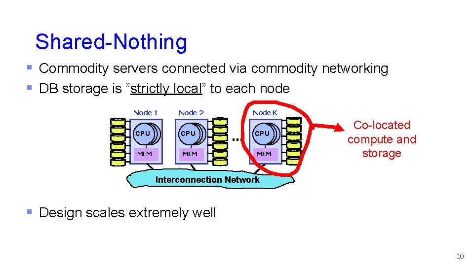 Shared-Nothing § Commodity servers connected via commodity networking § DB storage is ”strictly local”