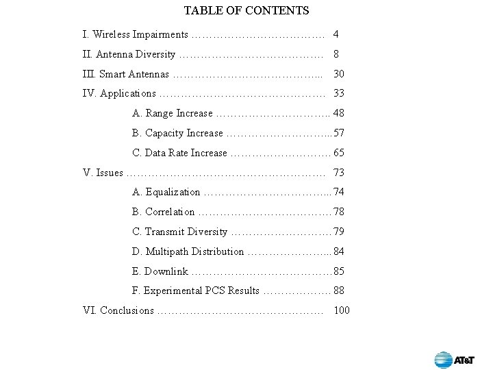 TABLE OF CONTENTS I. Wireless Impairments ………………. 4 II. Antenna Diversity …………………. 8 III.