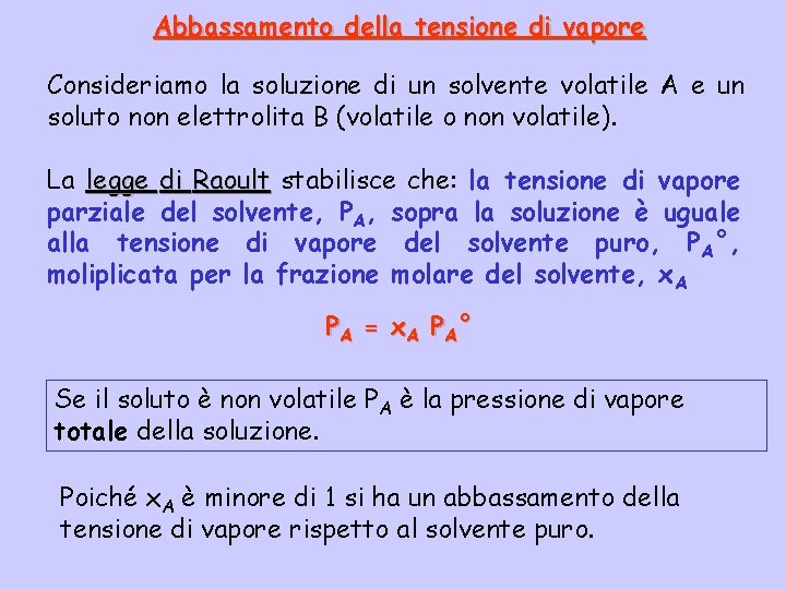 Abbassamento della tensione di vapore Consideriamo la soluzione di un solvente volatile A e