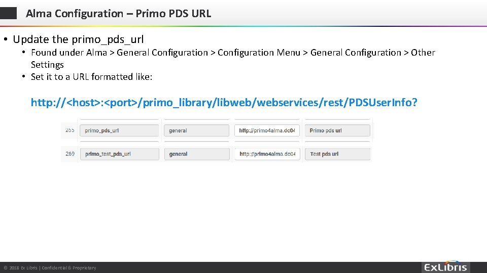 Alma Configuration – Primo PDS URL • Update the primo_pds_url • Found under Alma