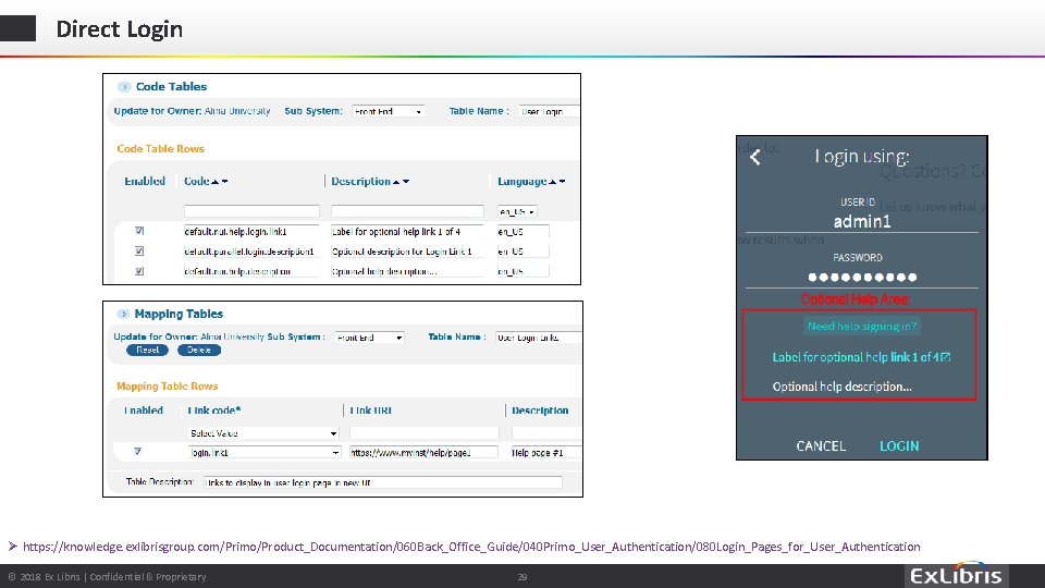 Direct Login Ø https: //knowledge. exlibrisgroup. com/Primo/Product_Documentation/060 Back_Office_Guide/040 Primo_User_Authentication/080 Login_Pages_for_User_Authentication © 2018 Ex Libris