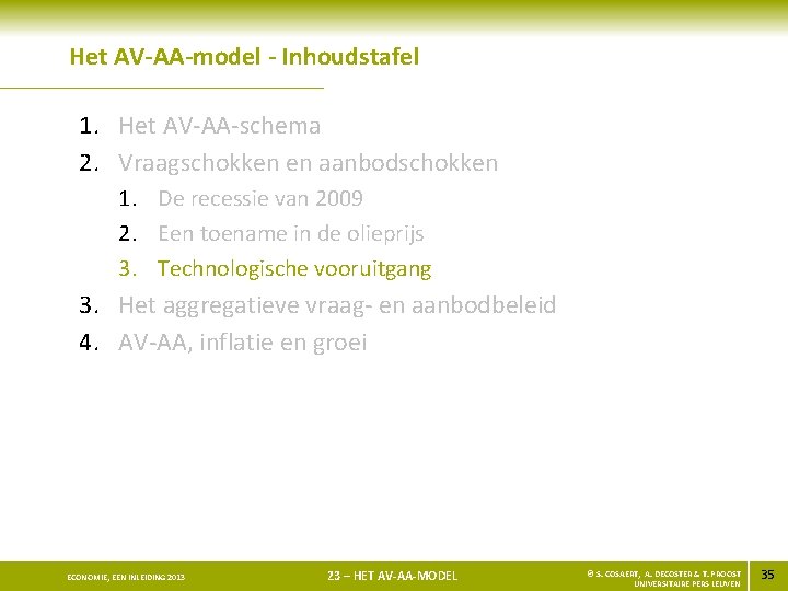 Het AV-AA-model - Inhoudstafel 1. Het AV-AA-schema 2. Vraagschokken en aanbodschokken 1. De recessie