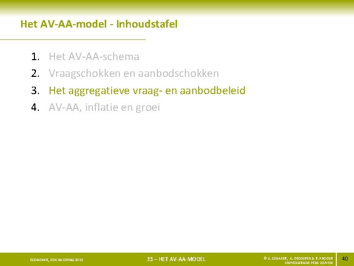Het AV-AA-model - Inhoudstafel 1. 2. 3. 4. Het AV-AA-schema Vraagschokken en aanbodschokken Het