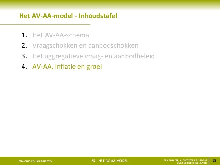 Het AV-AA-model - Inhoudstafel 1. 2. 3. 4. Het AV-AA-schema Vraagschokken en aanbodschokken Het
