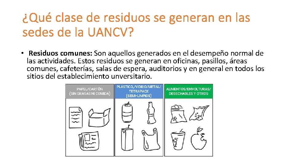 ¿Qué clase de residuos se generan en las sedes de la UANCV? • Residuos ¿Qué clase de residuos se generan en las sedes de la UANCV? • Residuos