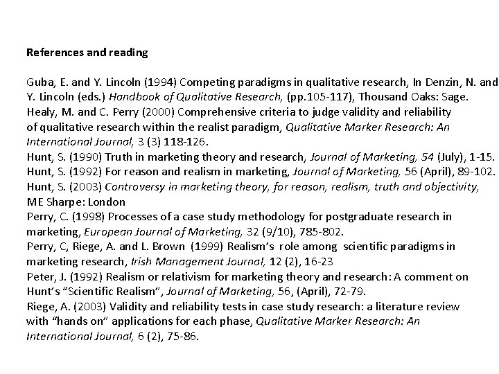 References and reading Guba, E. and Y. Lincoln (1994) Competing paradigms in qualitative research,