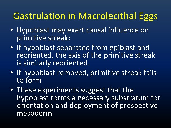 Gastrulation in Macrolecithal Eggs • Hypoblast may exert causal influence on primitive streak: • Gastrulation in Macrolecithal Eggs • Hypoblast may exert causal influence on primitive streak: •