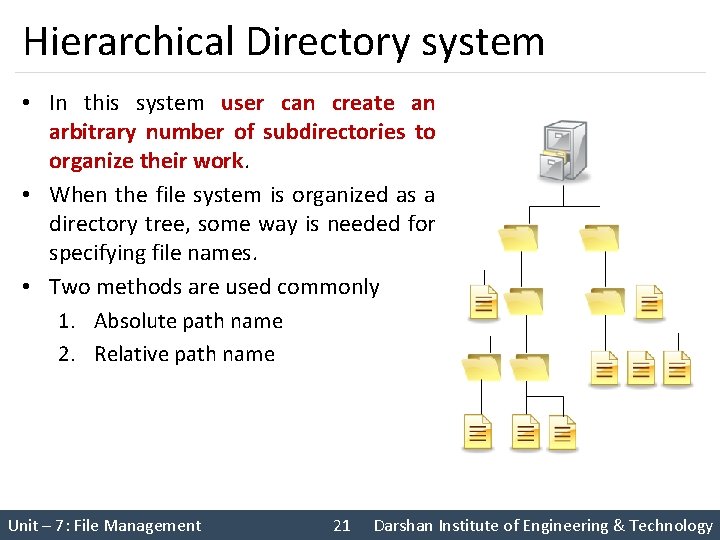 Hierarchical Directory system • In this system user can create an arbitrary number of