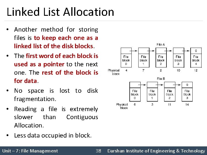 Linked List Allocation • Another method for storing files is to keep each one