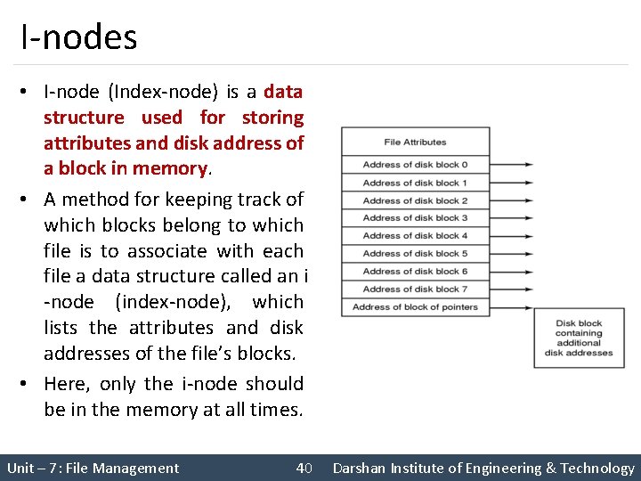 I-nodes • I-node (Index-node) is a data structure used for storing attributes and disk
