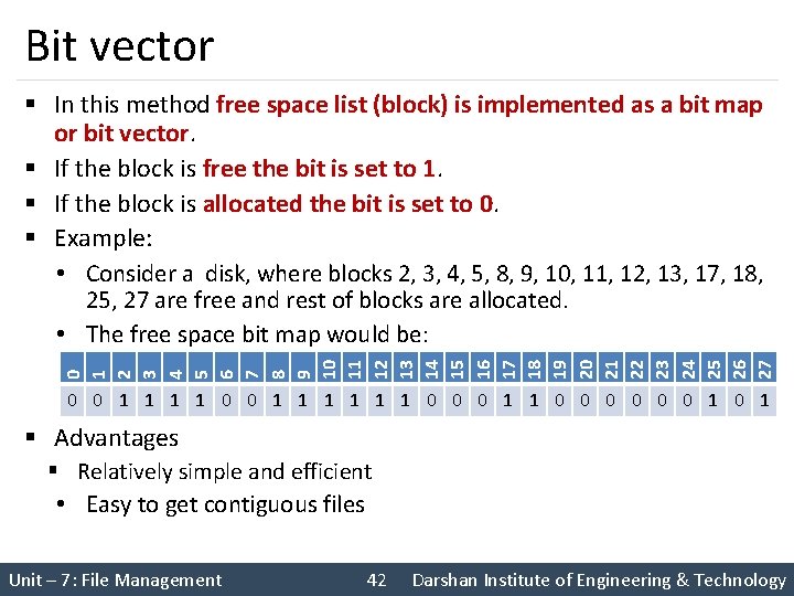 Bit vector § In this method free space list (block) is implemented as a
