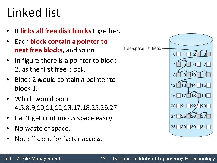 Linked list • It links all free disk blocks together. • Each block contain