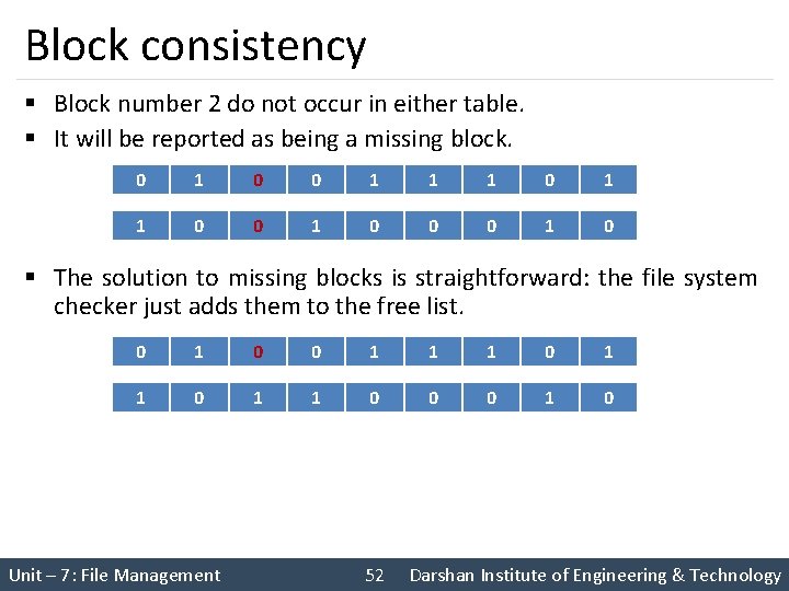 Block consistency § Block number 2 do not occur in either table. § It