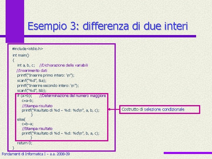 Esempio 3: differenza di due interi include<stdio. h> int main() { int a, b,