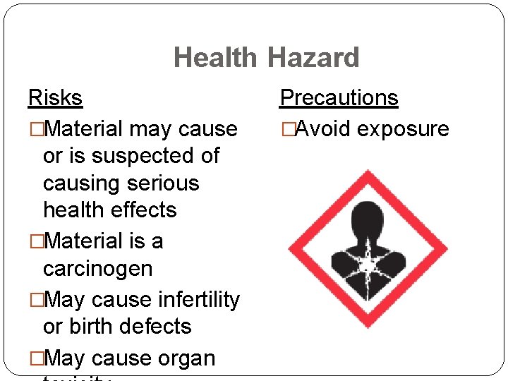 Health Hazard Risks �Material may cause or is suspected of causing serious health effects