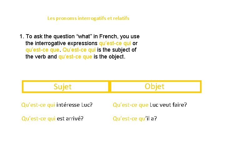 Les pronoms interrogatifs et relatifs 1. To ask the question “what” in French, you