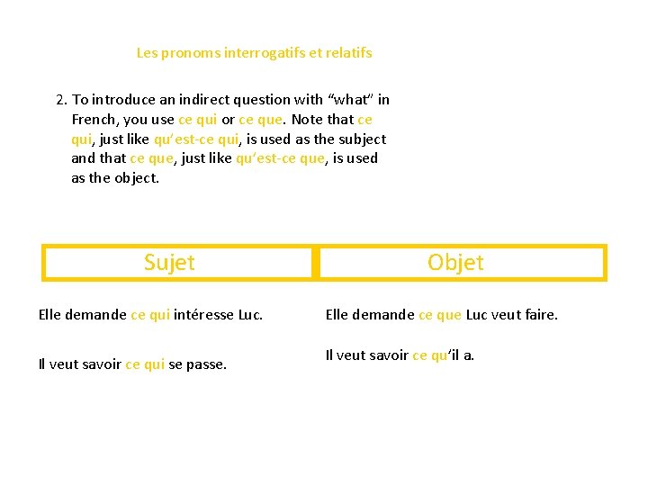 Les pronoms interrogatifs et relatifs 2. To introduce an indirect question with “what” in