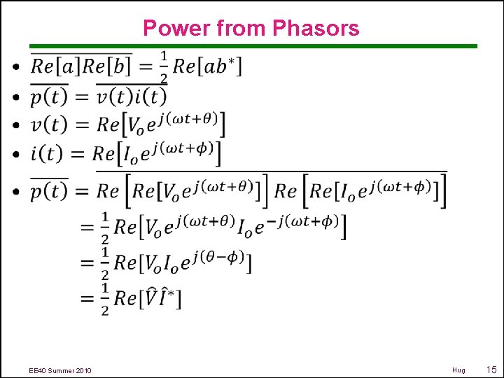 Power from Phasors • EE 40 Summer 2010 Hug 15 