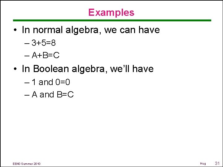 Examples • In normal algebra, we can have – 3+5=8 – A+B=C • In