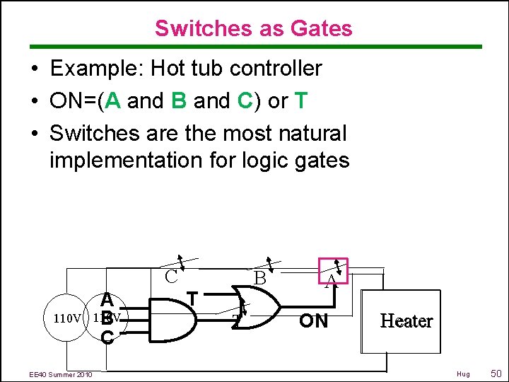 Switches as Gates • Example: Hot tub controller • ON=(A and B and C)