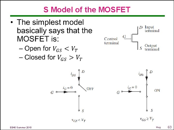 S Model of the MOSFET • EE 40 Summer 2010 Hug 63 