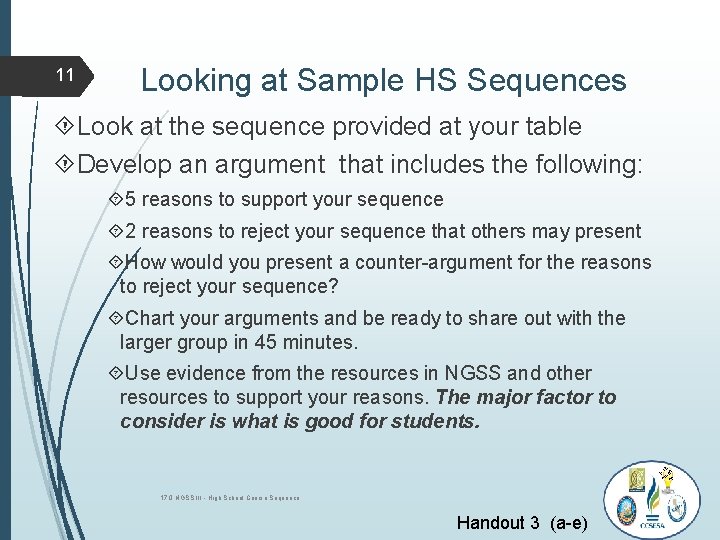 11 Looking at Sample HS Sequences Look at the sequence provided at your table 11 Looking at Sample HS Sequences Look at the sequence provided at your table