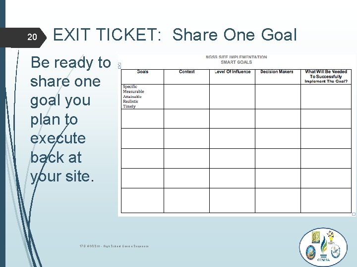20 EXIT TICKET: Share One Goal Be ready to share one goal you plan 20 EXIT TICKET: Share One Goal Be ready to share one goal you plan