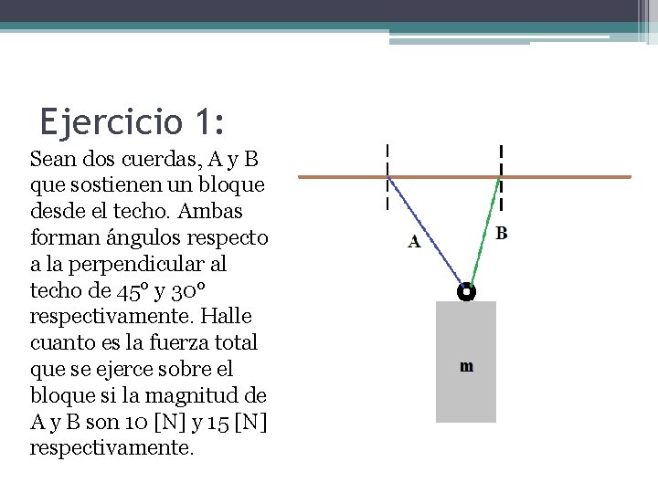 Ejercicio 1: Sean dos cuerdas, A y B que sostienen un bloque desde el