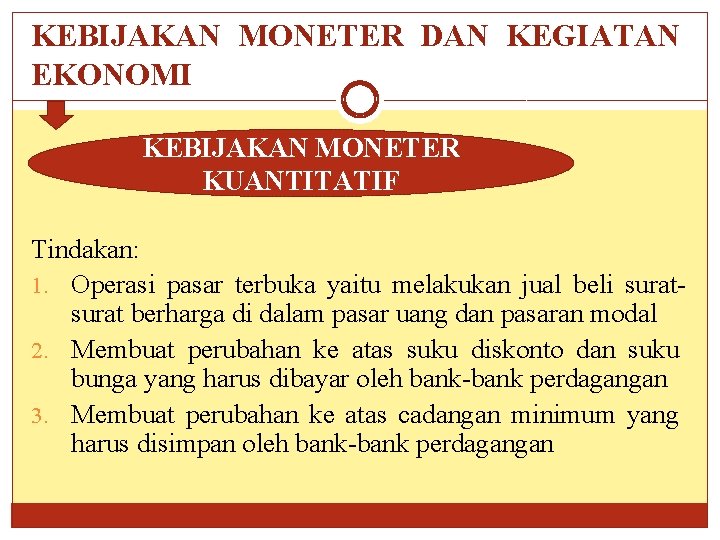 KEBIJAKAN MONETER DAN KEGIATAN EKONOMI KEBIJAKAN MONETER KUANTITATIF Tindakan: 1. Operasi pasar terbuka yaitu