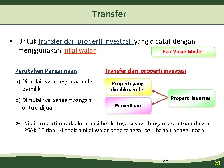 Transfer • Untuk transfer dari properti investasi yang dicatat dengan menggunakan nilai wajar Fair Transfer • Untuk transfer dari properti investasi yang dicatat dengan menggunakan nilai wajar Fair