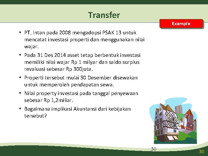 Transfer Example • PT. Intan pada 2008 mengadopsi PSAK 13 untuk mencatat investasi properti Transfer Example • PT. Intan pada 2008 mengadopsi PSAK 13 untuk mencatat investasi properti