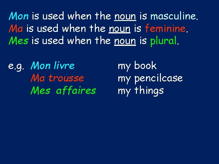Mon is used when the noun is masculine. Ma is used when the noun
